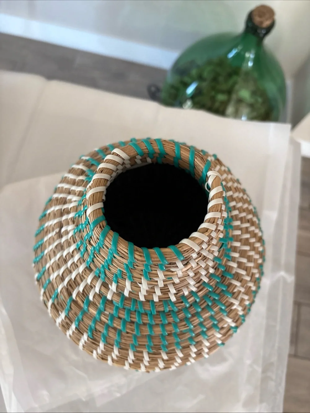 Handwoven Natural, Teal & White Decorative Basket Vase